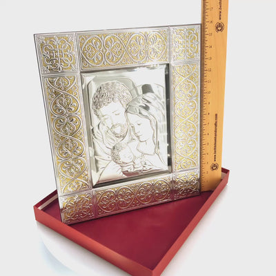 Holy Family with Baby Jesus Silver Plated Icon in Glass
