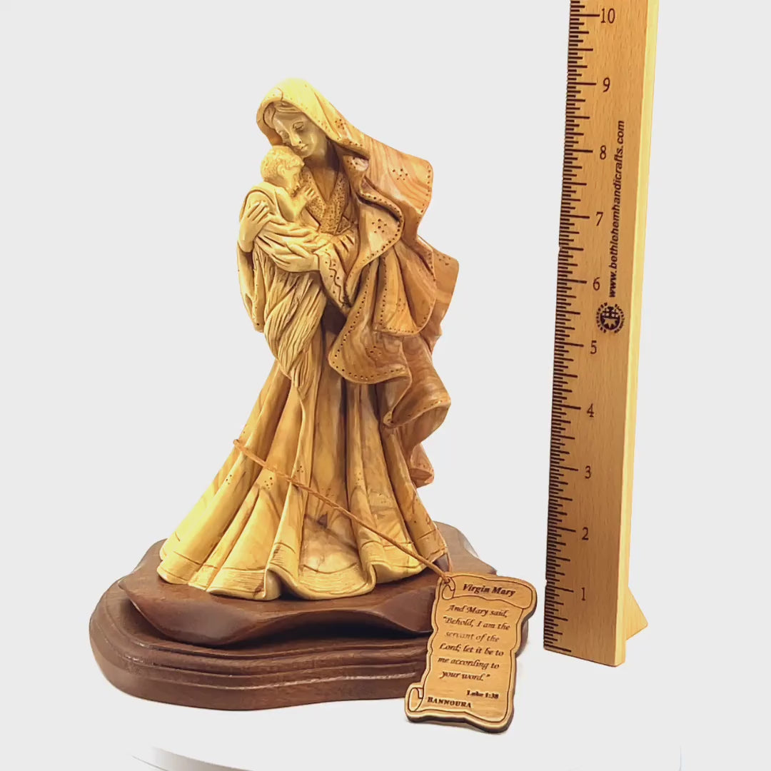 Virgin Mary Holding Baby Jesus Christ Carving (with a Unique Elegant Gown ) 10"