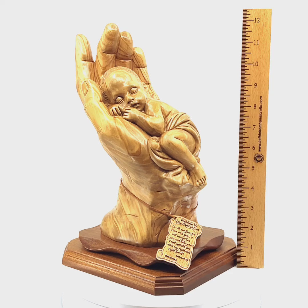 “Protected by the Hand of God” Statue, 12.4" , Olive Wood from the Holy Land