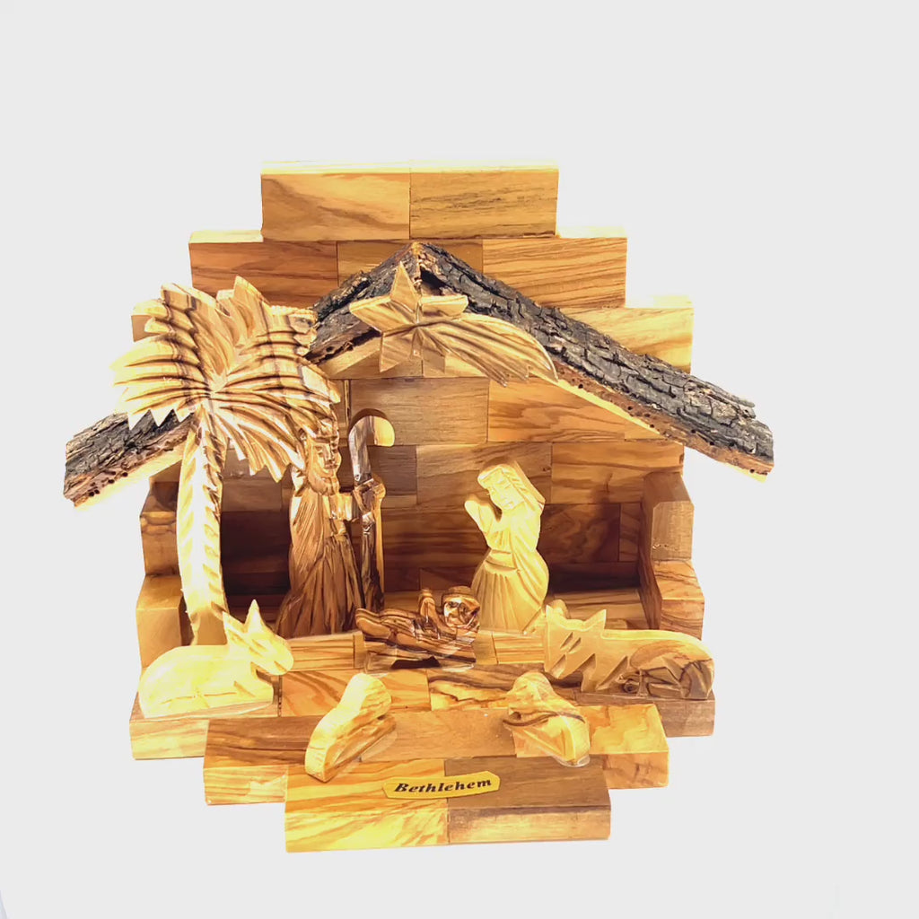 Rustic Olive Wood Christmas Nativity Scene, 7.9" with Natural Edges