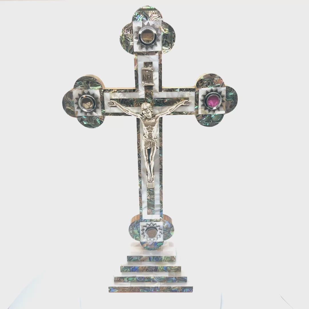 Standing Crucifix, 15.5" with 2.5" Base, Budded, Holy Land Olive Wood and Mother of Pearl with 5 souvenirs