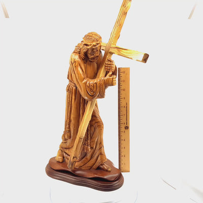 Jesus Christ "Carrying Cross" Wooden Carving, 12.4"