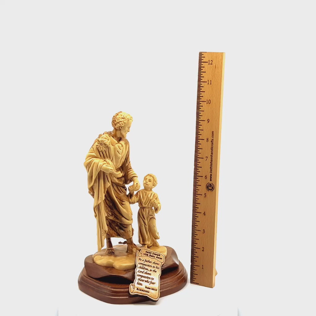 Saint Joseph with Child Jesus Christ Walking, 9.8" Carving from Holy Land Olive Wood