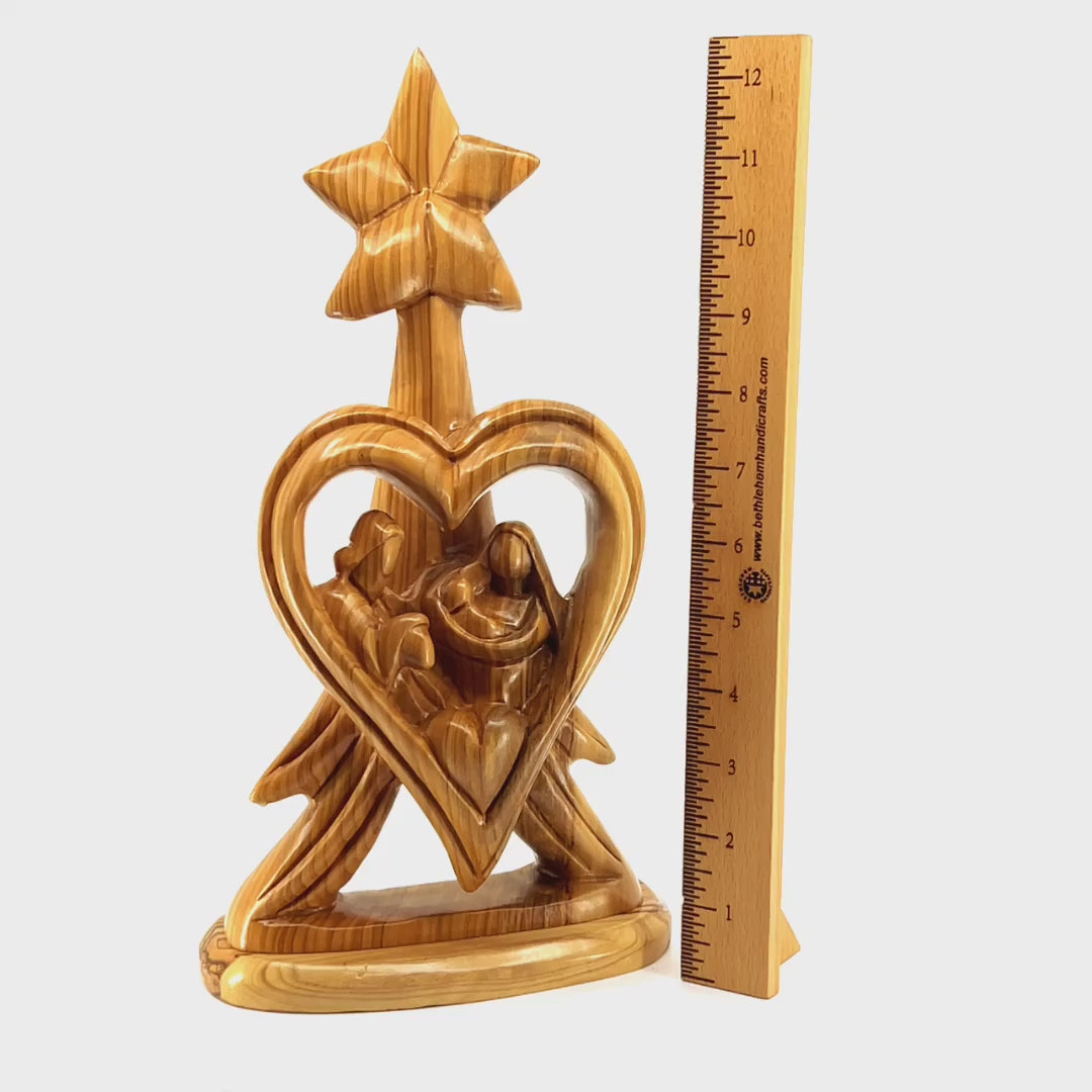 Holy Family with Star of Bethlehem "Heart Shaped", 12.8" Abstract Hand Carved Olive Wood