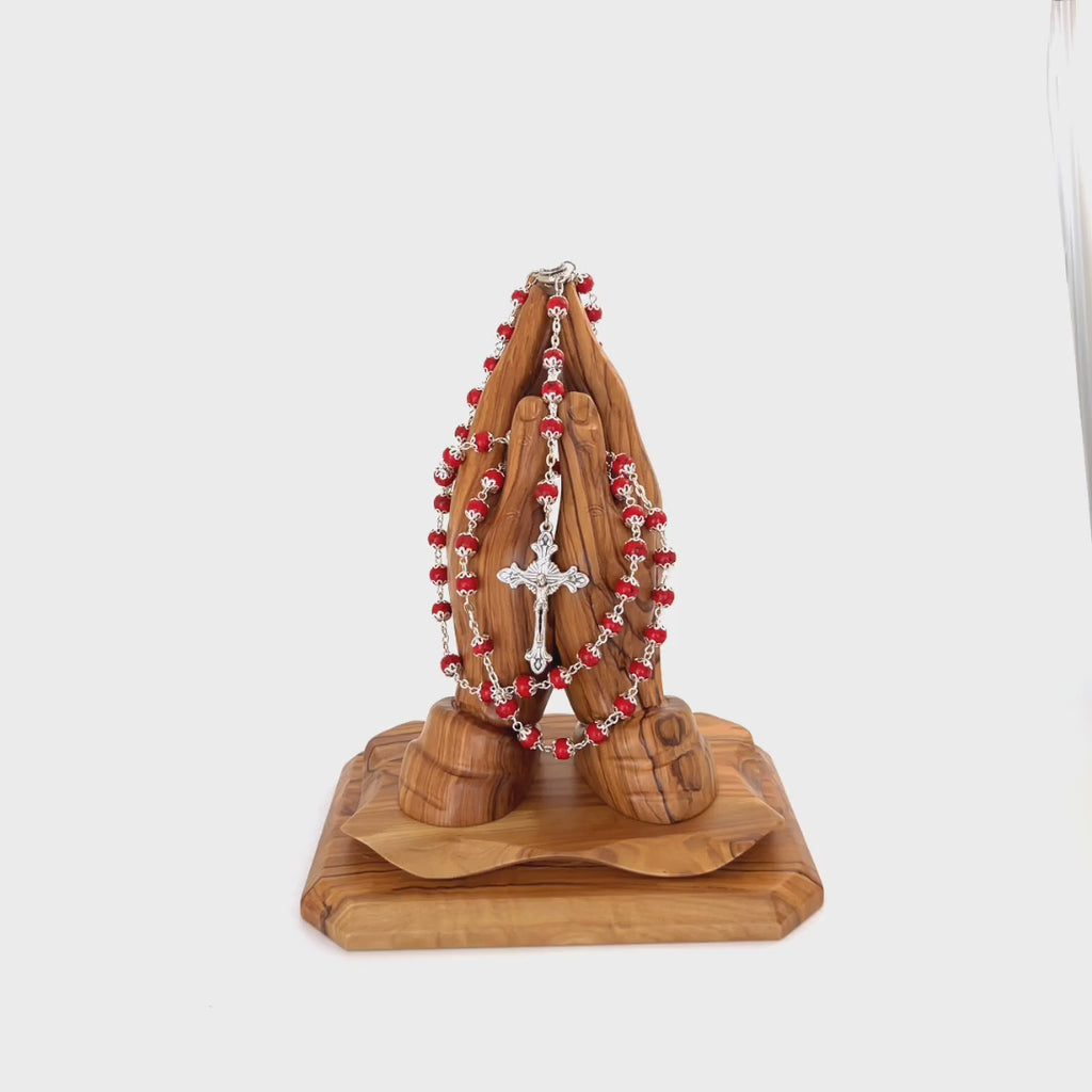 Rosary, Red Stone Beads, 22.4", Metal Chain, Bethlehem Handmade