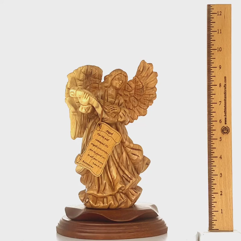 Angel Playing Music With Cithara Carving, 9.7" Olive Wood from Holy Land