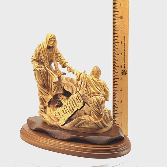 Jesus walking on water, pulling Peter Wood Carving Christian Home Décor Art 