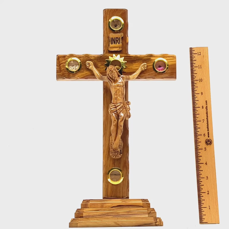 Standing Crucifix, 13.5" with 2.5" Base, Holy Land Olive Wood with 5 souvenirs