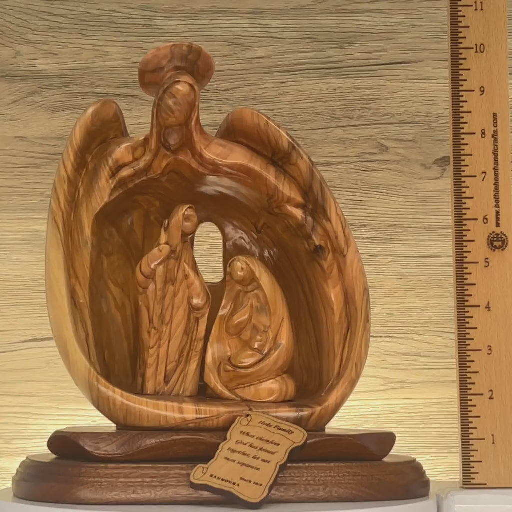 Holy Family with Angel Nativity, 10.2" Carved Abstract Olive Wood Statue from Holy Land