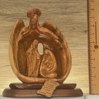 Holy Family with Angel Nativity, 10.2" Carved Abstract Olive Wood Statue from Holy Land