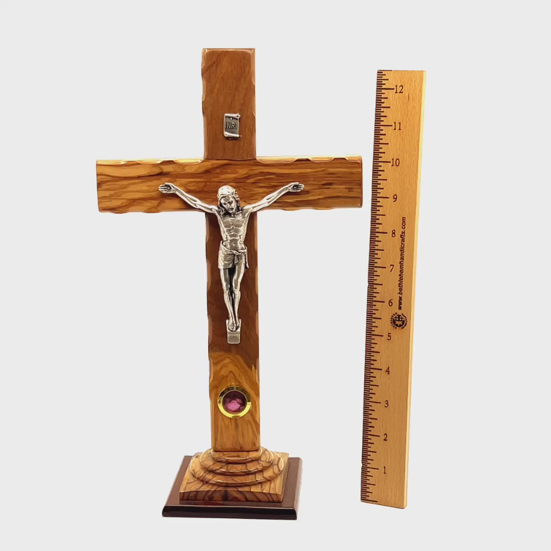 Standing Crucifix, 13", with 14 Stations Engraved, Holy Land Olive Wood, Wall Hanging