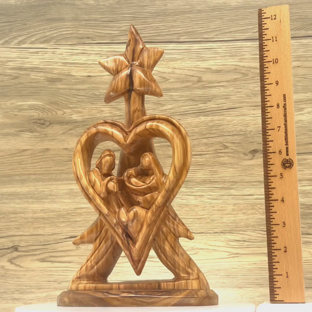 Holy Family with Star of Bethlehem "Heart Shaped", 12.8" Abstract Hand Carved Olive Wood