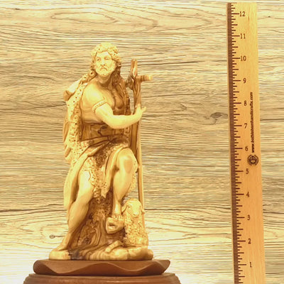 Saint John the Baptist Statue, 11" Carved Olive Wood from Holy Land
