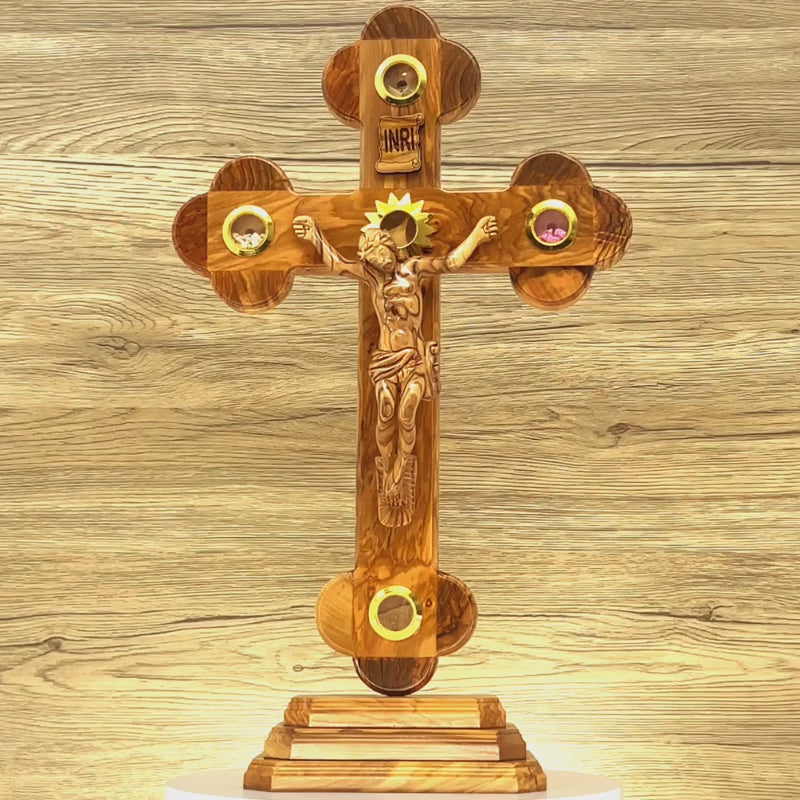 13.8" Standing Crucifix with 2.5" Base, Carved Corpus and 5 Holy Land Souvenirs