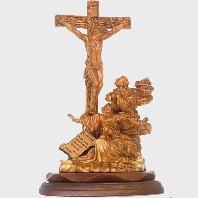 Christ Crucified on Cross with Mary Magdalene and St. John 14.4", Olive Wood Statue