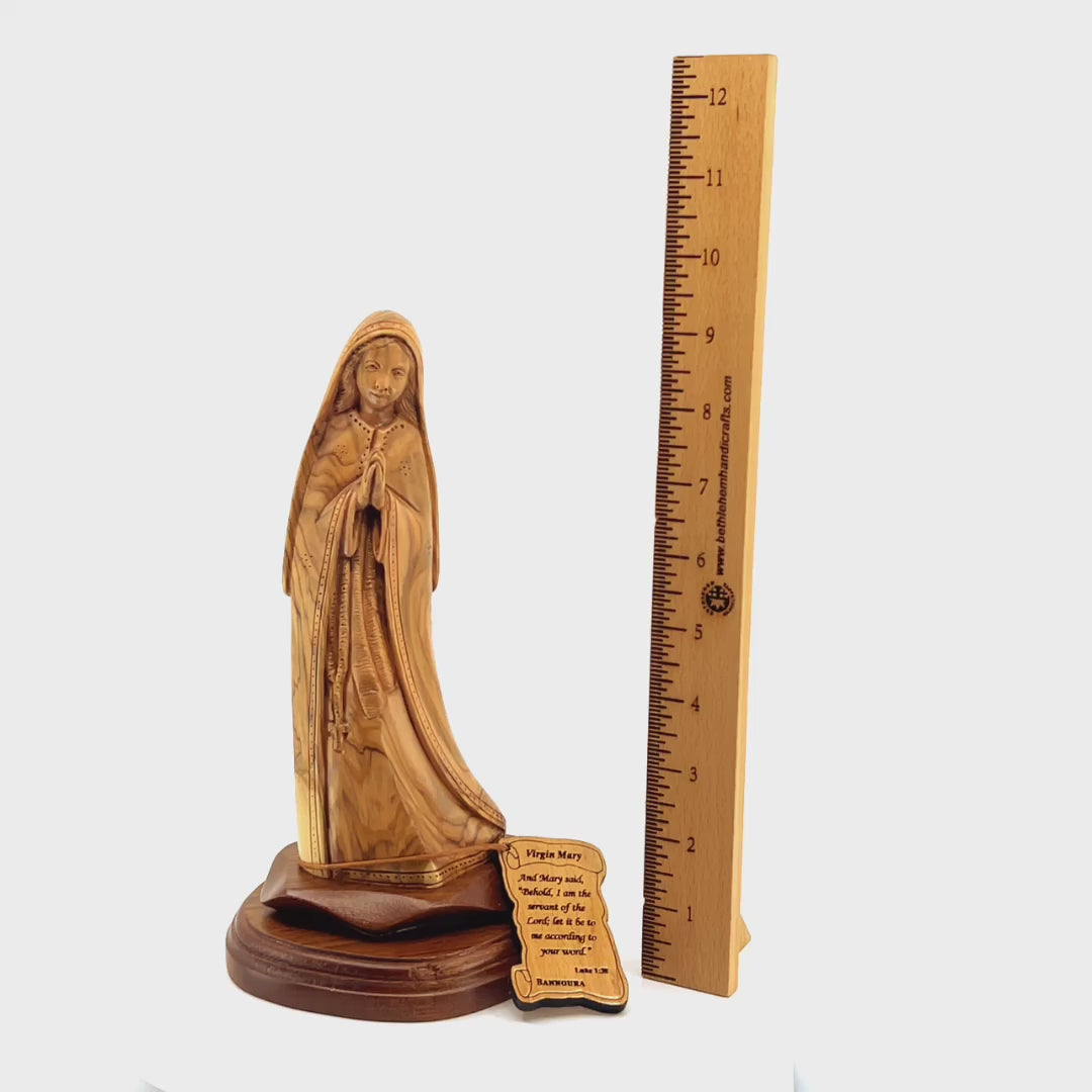 Our Lady of Lourdes, Virgin Mary, 9.4" Olive Wood Carved Statue (Small)