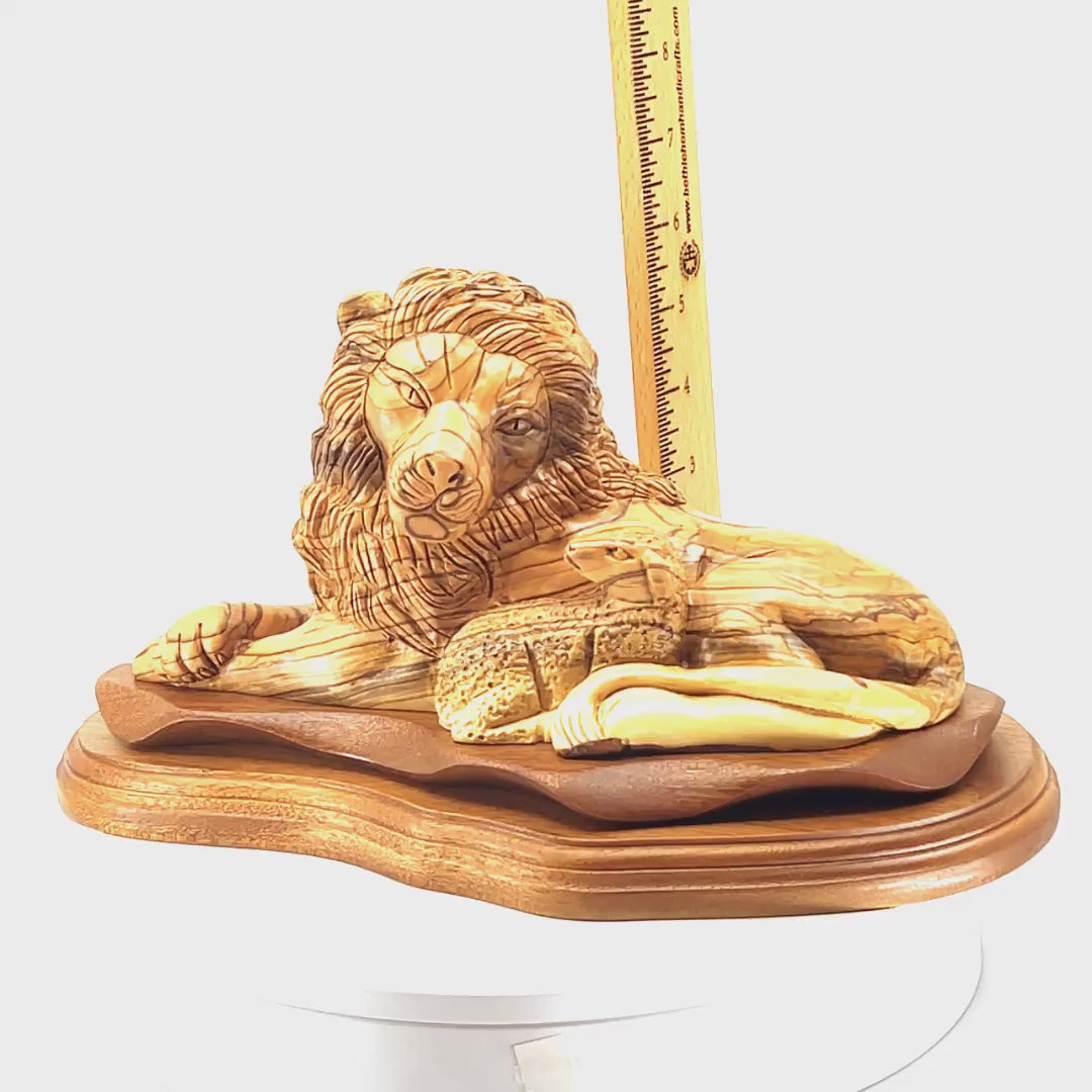 Lion with Lamb, Masterpiece Wooden Sculpture 19.7" Long