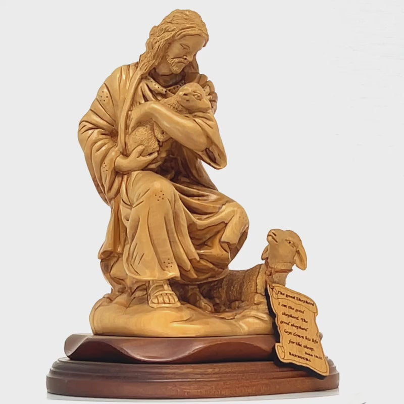 The Good Shepherd, Jesus Christ, 10.5" Carving from Holy Land Olive Wood