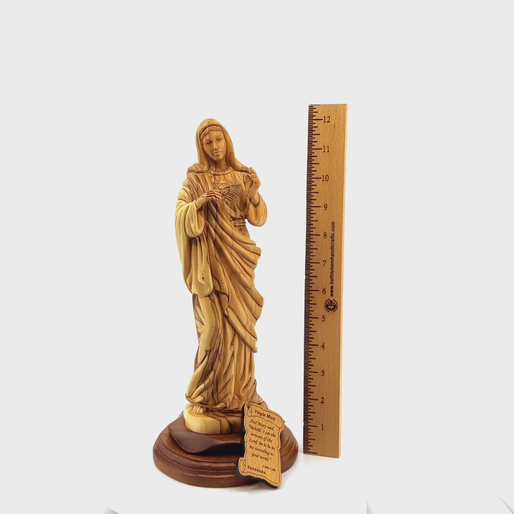 Immaculate Heart of Mary Statue, 12.2" Olive Wood Carving Statue from Bethlehem