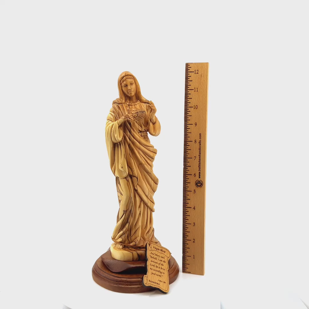 Immaculate Heart of Mary Statue, 12.2" Olive Wood Carving Statue from Bethlehem