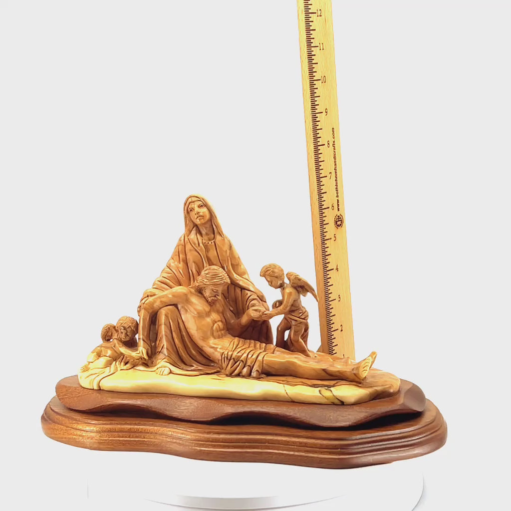 Pieta with 2 Angels, 12.2" Long Olive Wood Carving from Bethlehem, Virgin Mary with Jesus Christ
