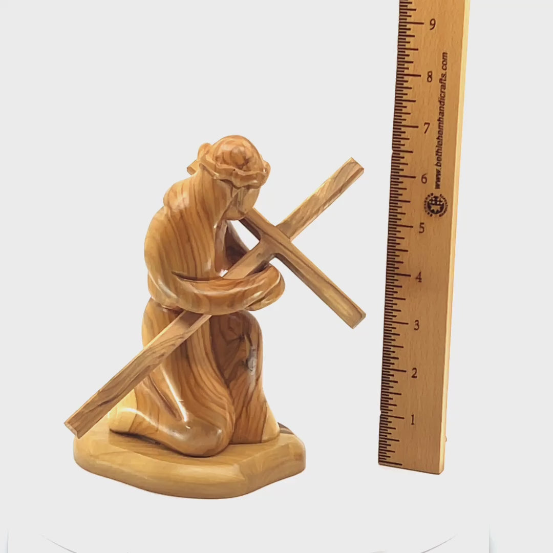Jesus Christ Kneeling While Holding the Cross, 7.1" Wooden Abstract Carving