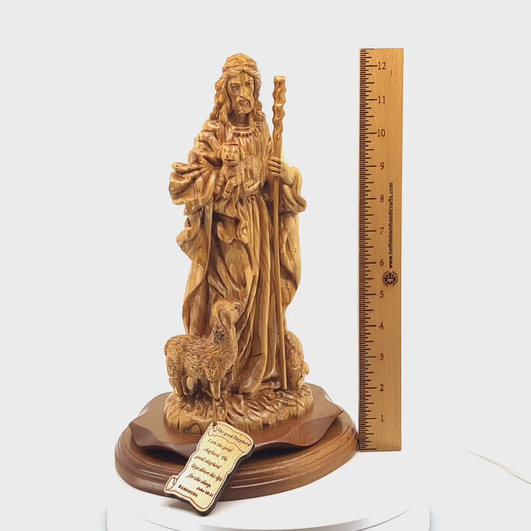 Jesus Christ "The Good Shepherd" Statue, 12.6" Carved from Holy Land Olive Wood in Bethlehem