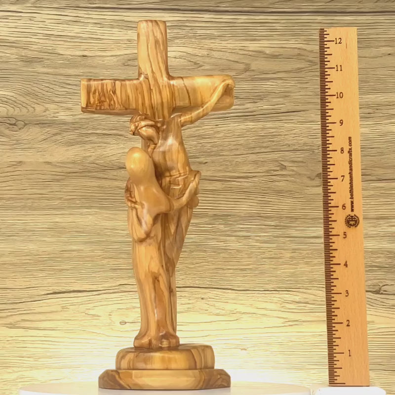 Jesus on Cross, Abstract 13" Carving, Made in Bethlehem from Holy Land Olive Wood