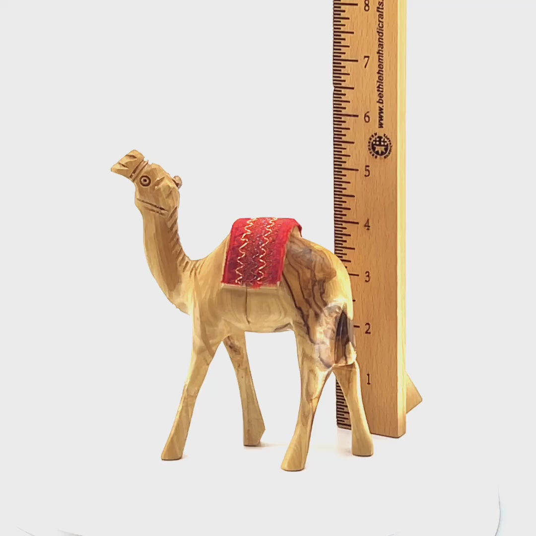 Wooden Camel w/ Red Saddle Nativity Figurine, 5.6" Hand Carving from Bethlehem