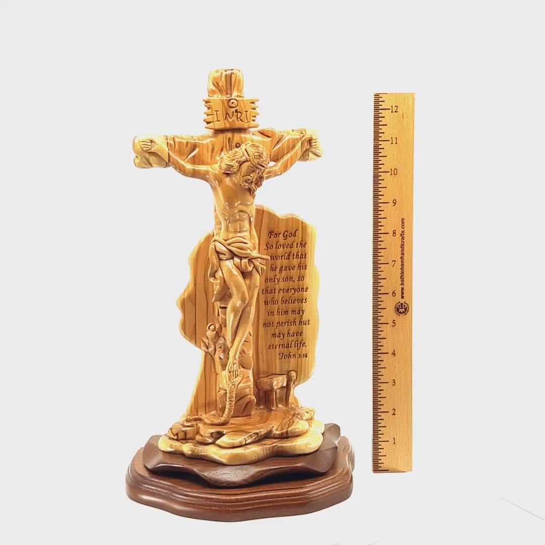 Jesus Christ "Crucified on Cross Masterpiece, 13.6" Engraved Scripture (John 3:16), Wood Sculpture