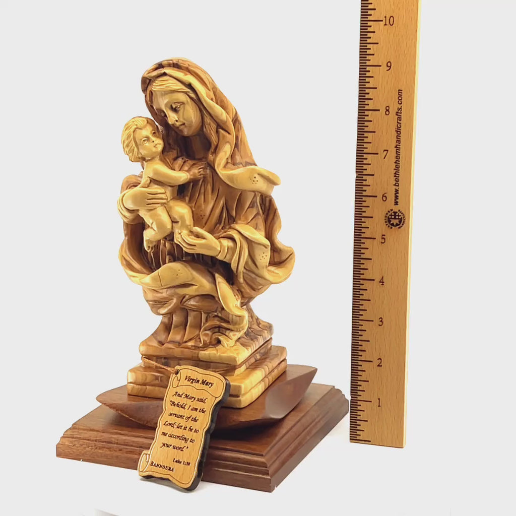 Virgin Mary w/ Holy Child, 9.4" Carved from Holy Land Olive Wood