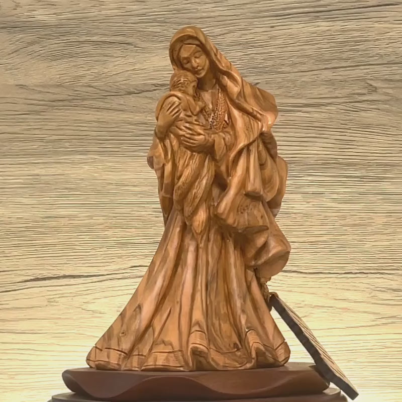 Virgin Mary Holding Baby Jesus Christ Carving (with a Unique Elegant Gown ) 10"