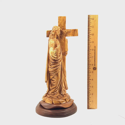 Jesus Christ "Holding Cross" Sculpture, 12.6" Holy Land Olive Wood Carving