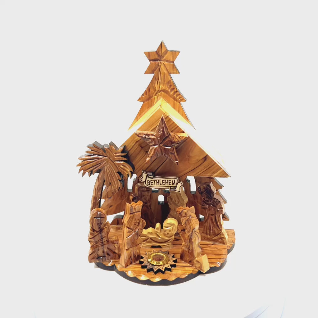 Nativity Scene Music Player, 7.5" Olive Wood from Holy Land ( Plays Starry Night)