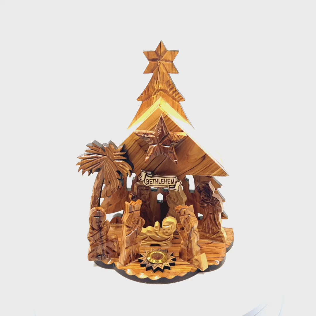 Nativity Scene Music Player, 7.5" Olive Wood from Holy Land ( Plays Starry Night)