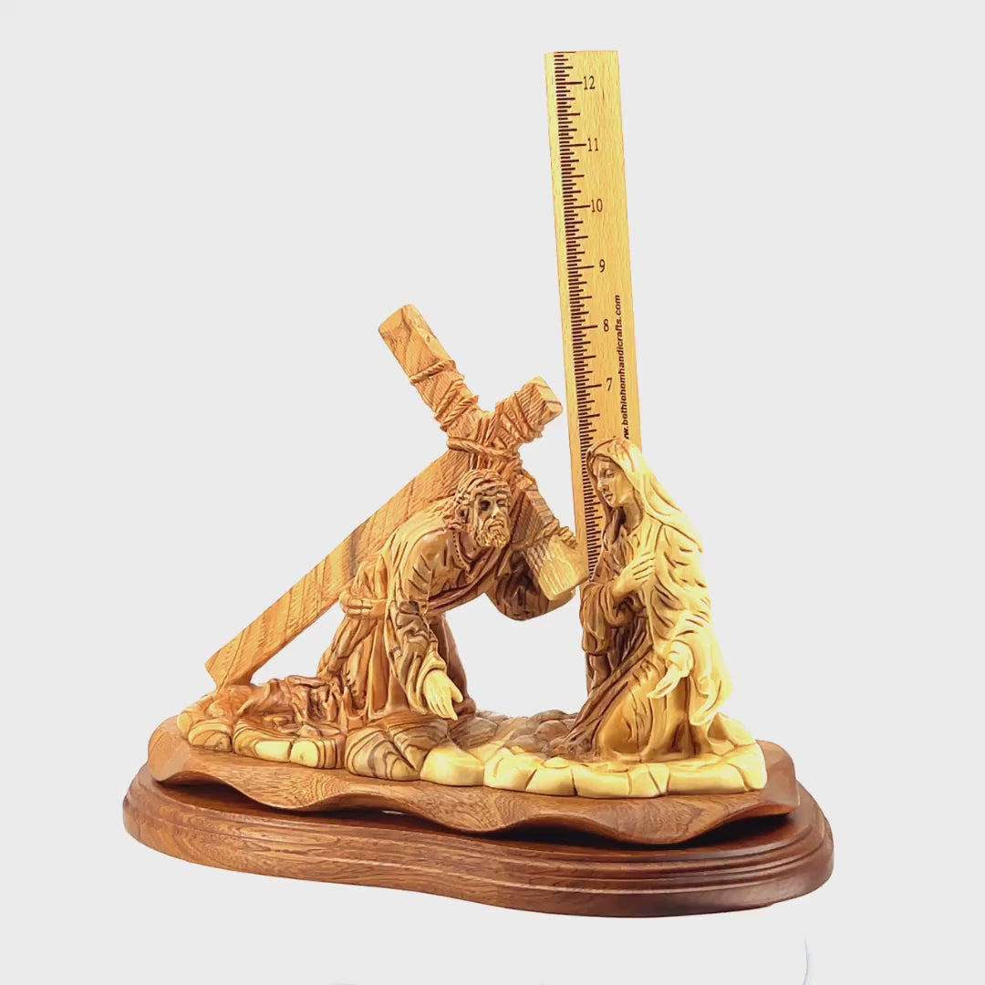 Jesus Christ "Holding Cross" Carving, 12.6" Olive Wood from Bethlehem