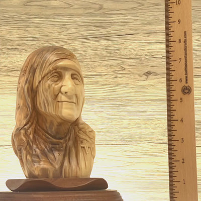 Saint Mother Teresa of Calcutta Bust, 8.5" Carved Wooden Statue from Holy Land