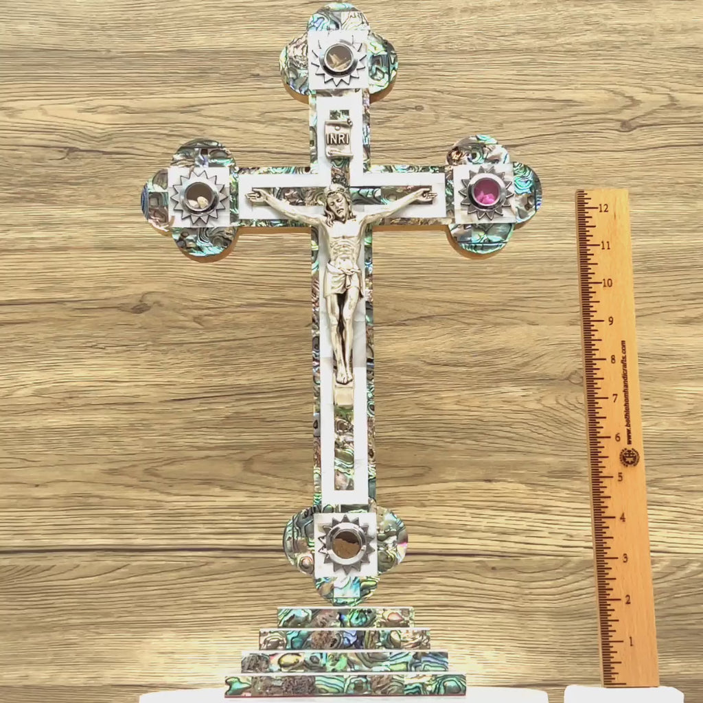 Standing Crucifix, 15.5" with 2.5" Base, Budded, Holy Land Olive Wood and Mother of Pearl with 5 souvenirs