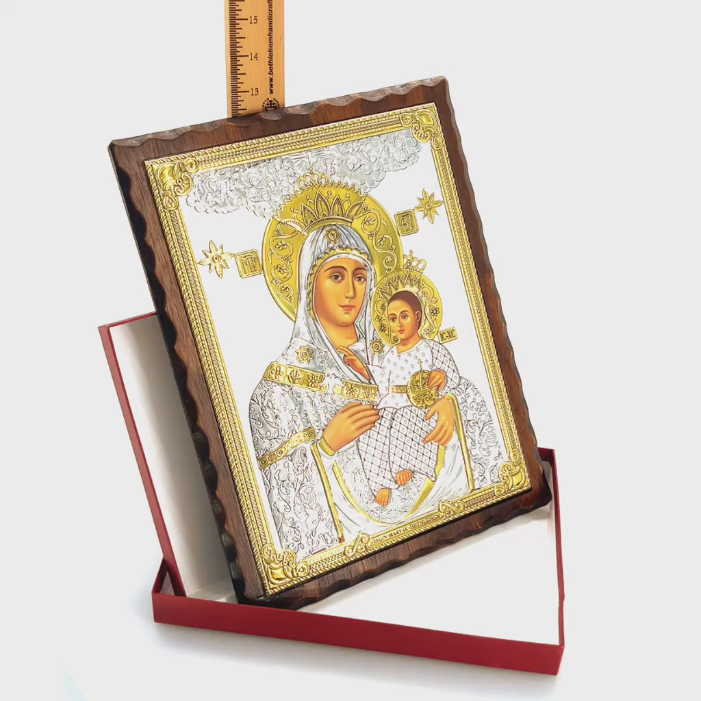 Virgin Mary with Child Jesus Christ , Smiling Bethlehem Silver Icon with Wooden Frame