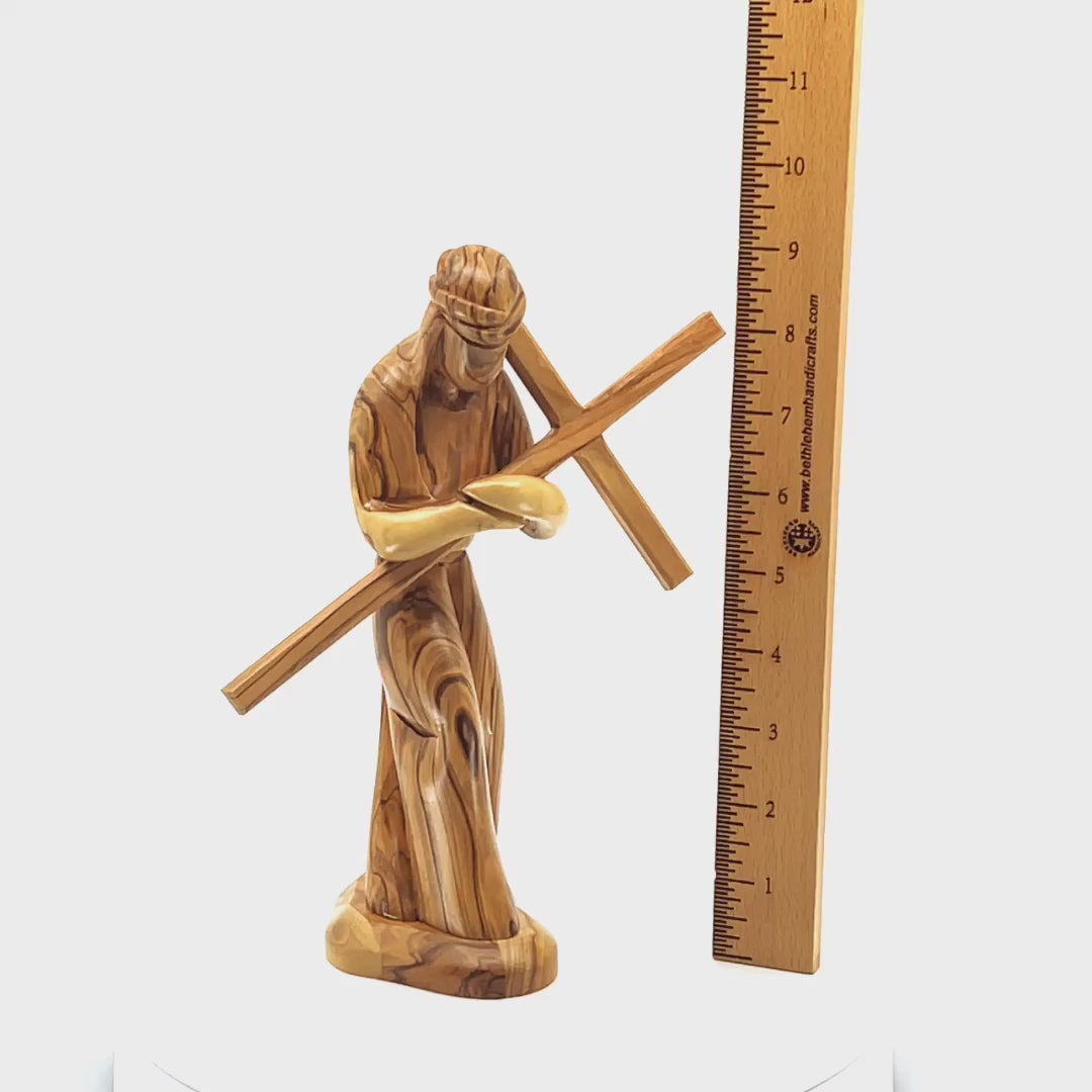 Jesus Christ "Holding Cross", 9.1" Carving in Olive Wood from Holy Land