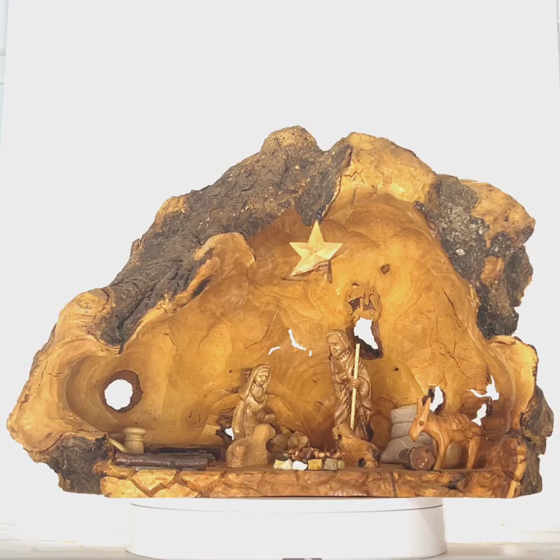 Nativity Scene Sculpted from Natural Olive Wood with Bark 16"
