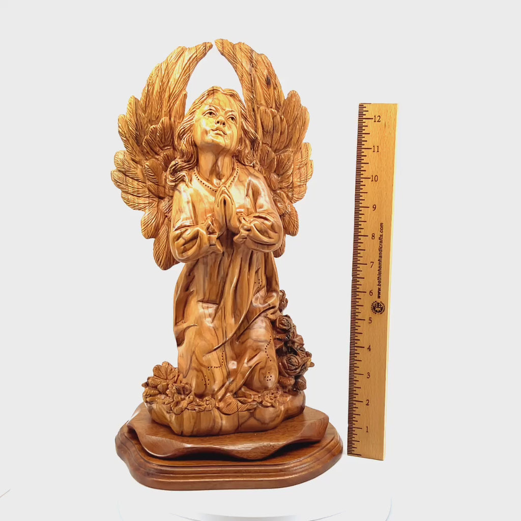 Angel with Wings Praying, 14.5" Carved Statue from Holy Land Olive Wood