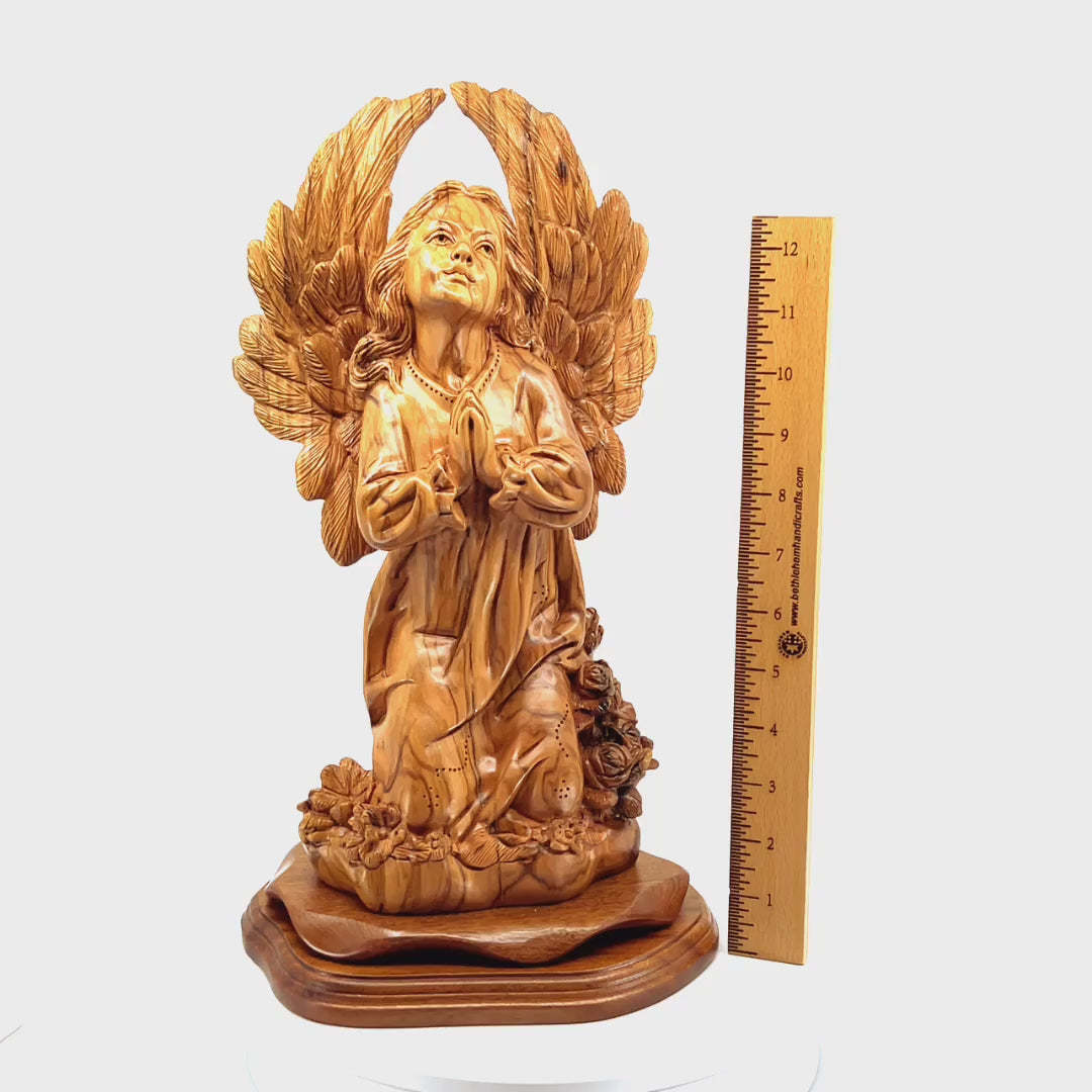 Angel with Wings Praying, 14.5" Carved Statue from Holy Land Olive Wood