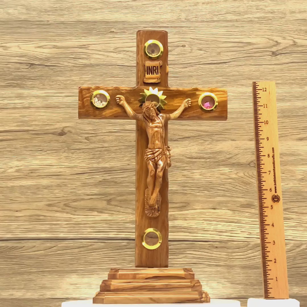 Standing Crucifix, 13.5" with 2.5" Base, Holy Land Olive Wood with 5 souvenirs