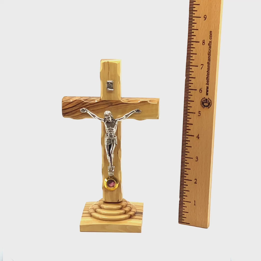 Standing Crucifix, 7.3", Holy Land Olive Wood with Soil in Glass Capsule