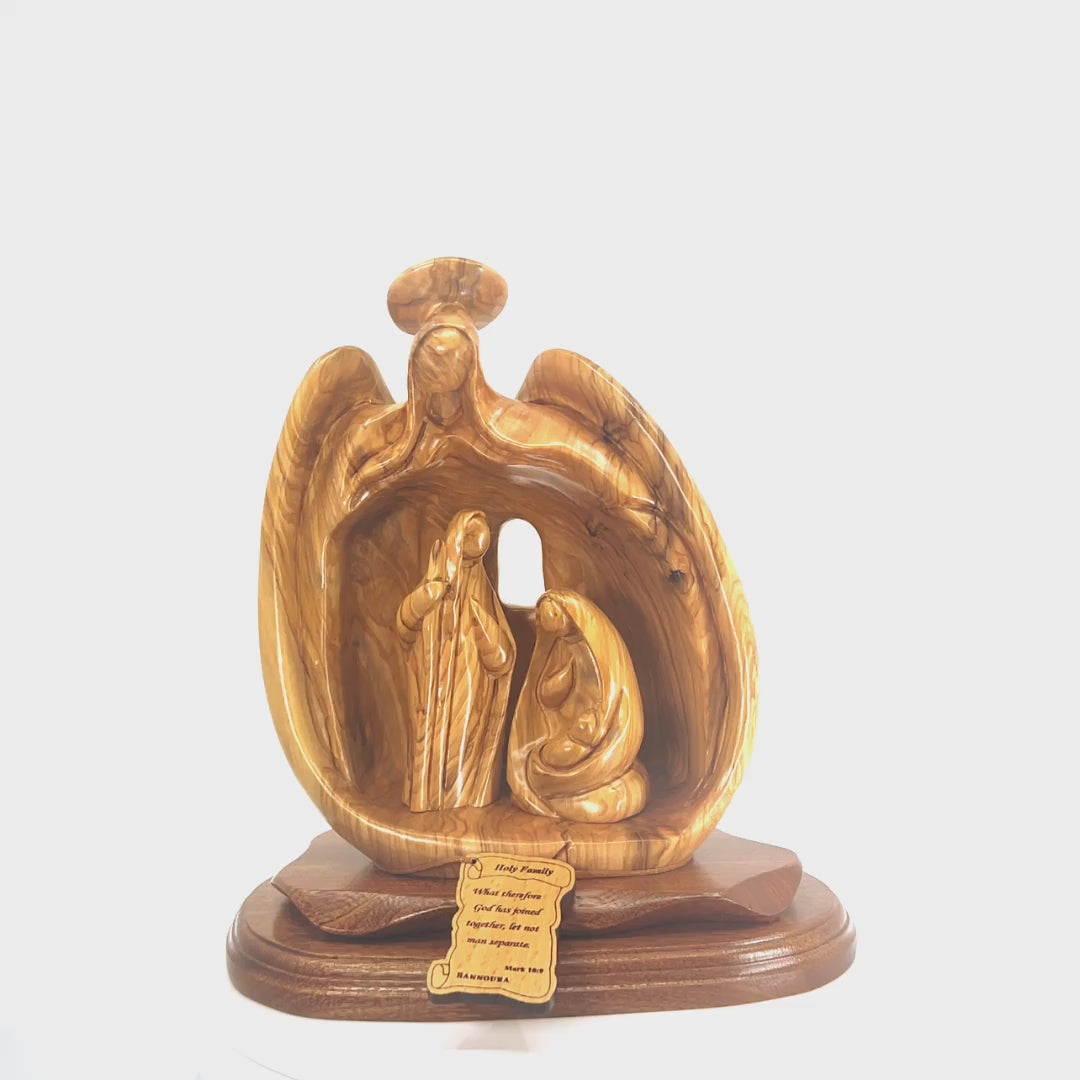 Holy Family with Angel Nativity, 10.2" Carved Abstract Olive Wood Statue from Holy Land