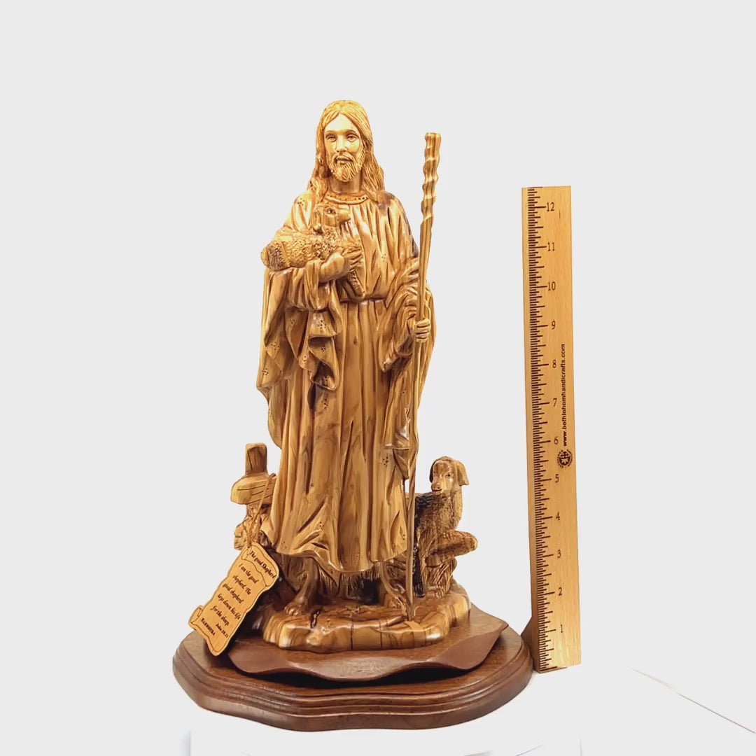 The Good Shepherd, Jesus Christ, 14.8" Statue Carved from the Holy Land