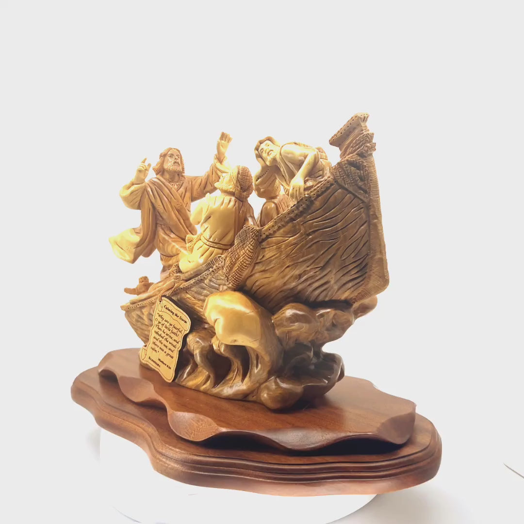 Jesus Christ "Calms The Storm" on Boat, 15.5" Masterpiece Wooden Carving