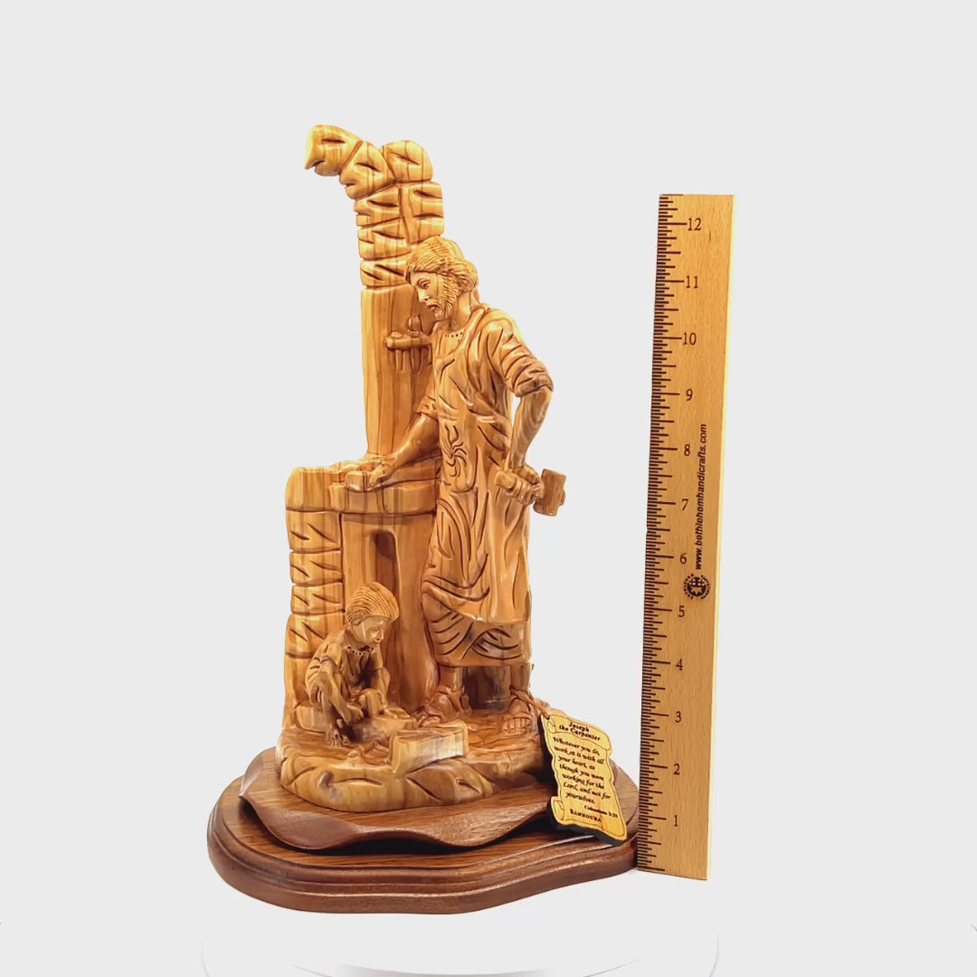 St. Joseph "The Carpenter with Jesus Playing" Sculpture, 14.2" Holy Land Olive Wood Carving