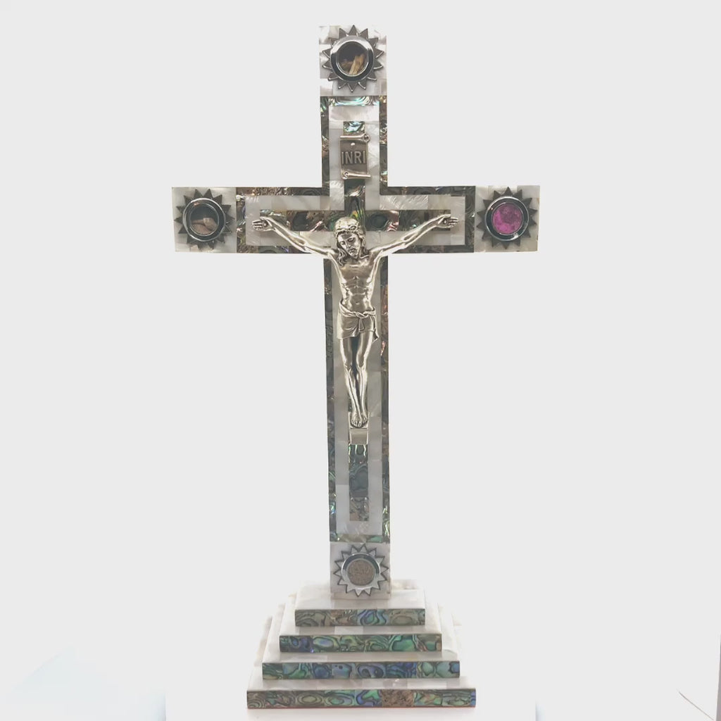 Standing Crucifix, 13.5" with 2.5" Base, Holy Land Olive Wood and Mother of Pearl, with 5 souvenirs